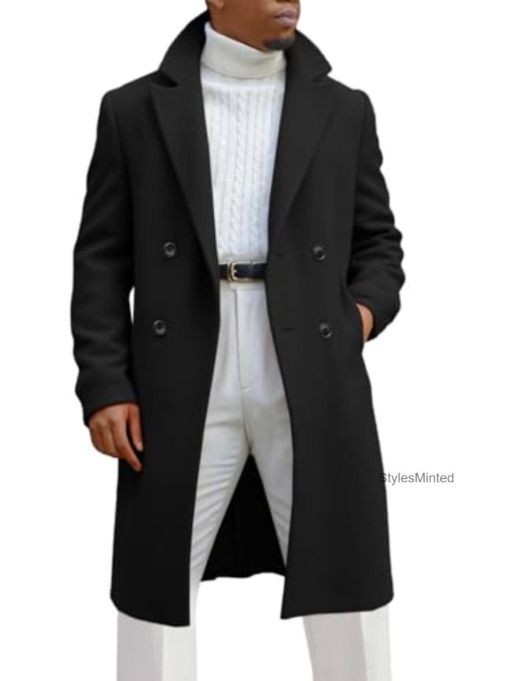 Men's Double Breasted Mid Long Trench Coat Wool Blend Heavyweight
